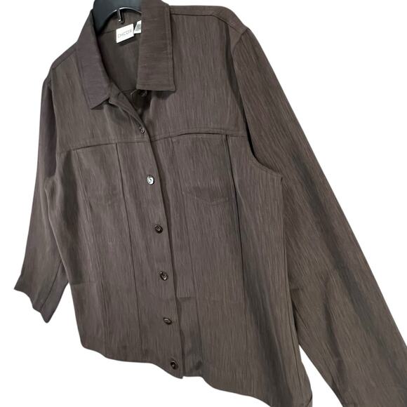 Chicos Shirt Jacket Women L Chocolate Brown Button Pockets Modern Travel Shacket - Picture 5 of 15